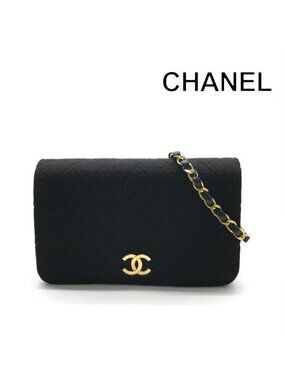 Chanel CC Logo Quilted Cotton Chain Shoulder Bag Black Push Lock